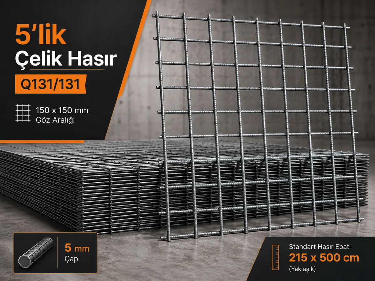 5'lik Çelik Hasır Q131/131, 5 mm nervürlü kaynaklı çelik hasır ve 150 x 150 mm göz aralığı ürün görünümü