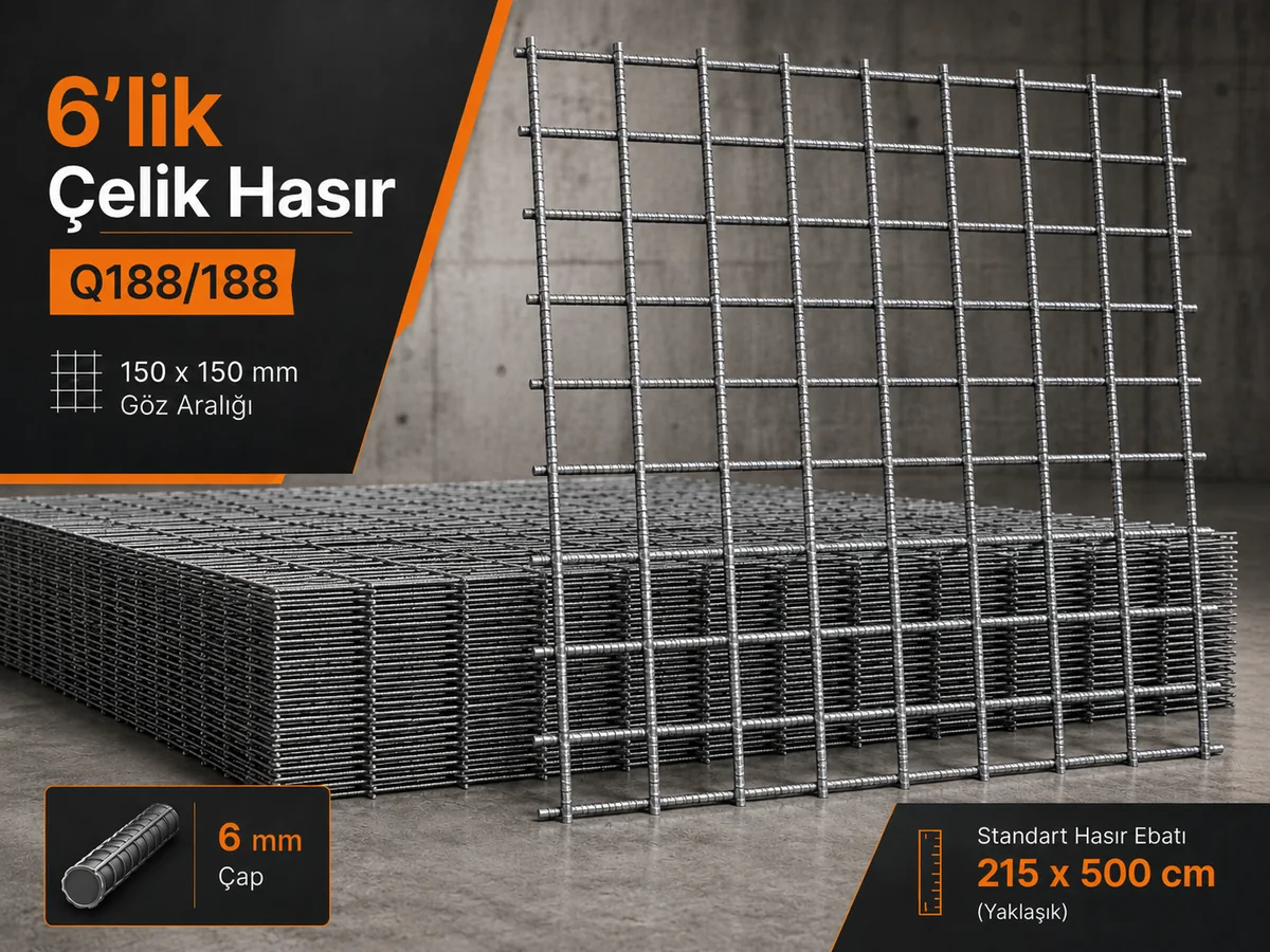 6'lık Çelik Hasır Q188/188, 6 mm nervürlü kaynaklı çelik hasır ve 150 x 150 mm göz aralığı ürün görünümü