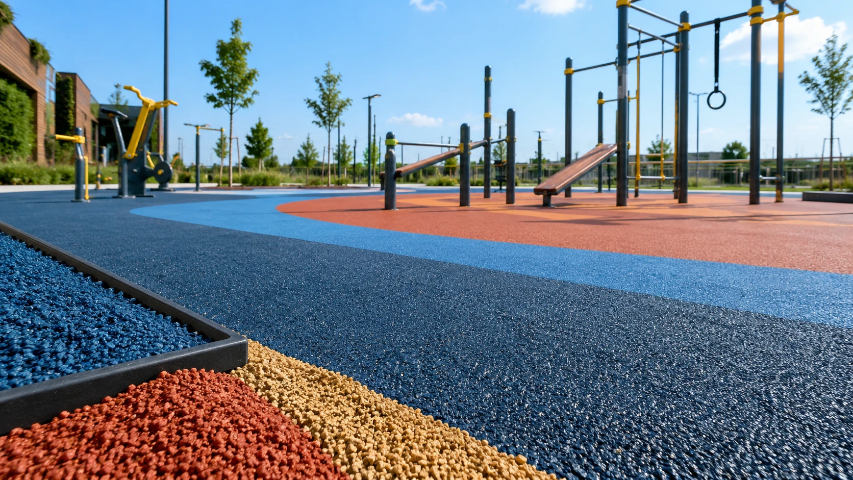 EPDM zemin kaplama — açık hava fitness alanı uygulaması EPDM zemin kaplama uygulaması; açık hava fitness alanında renkli ve darbe emici kauçuk zemin görünümü