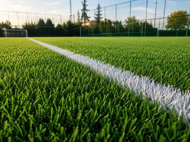 Ankara halı saha suni çim uygulamasında beyaz saha çizgili yoğun yeşil futbol çimi yakın planı