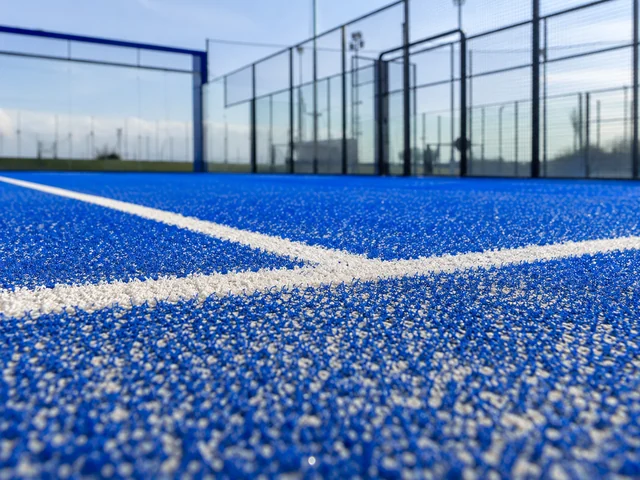 Ankara padel kortu için mavi kısa havlı suni çim, beyaz kort çizgileri, temperli cam ve çelik çevre sistemi