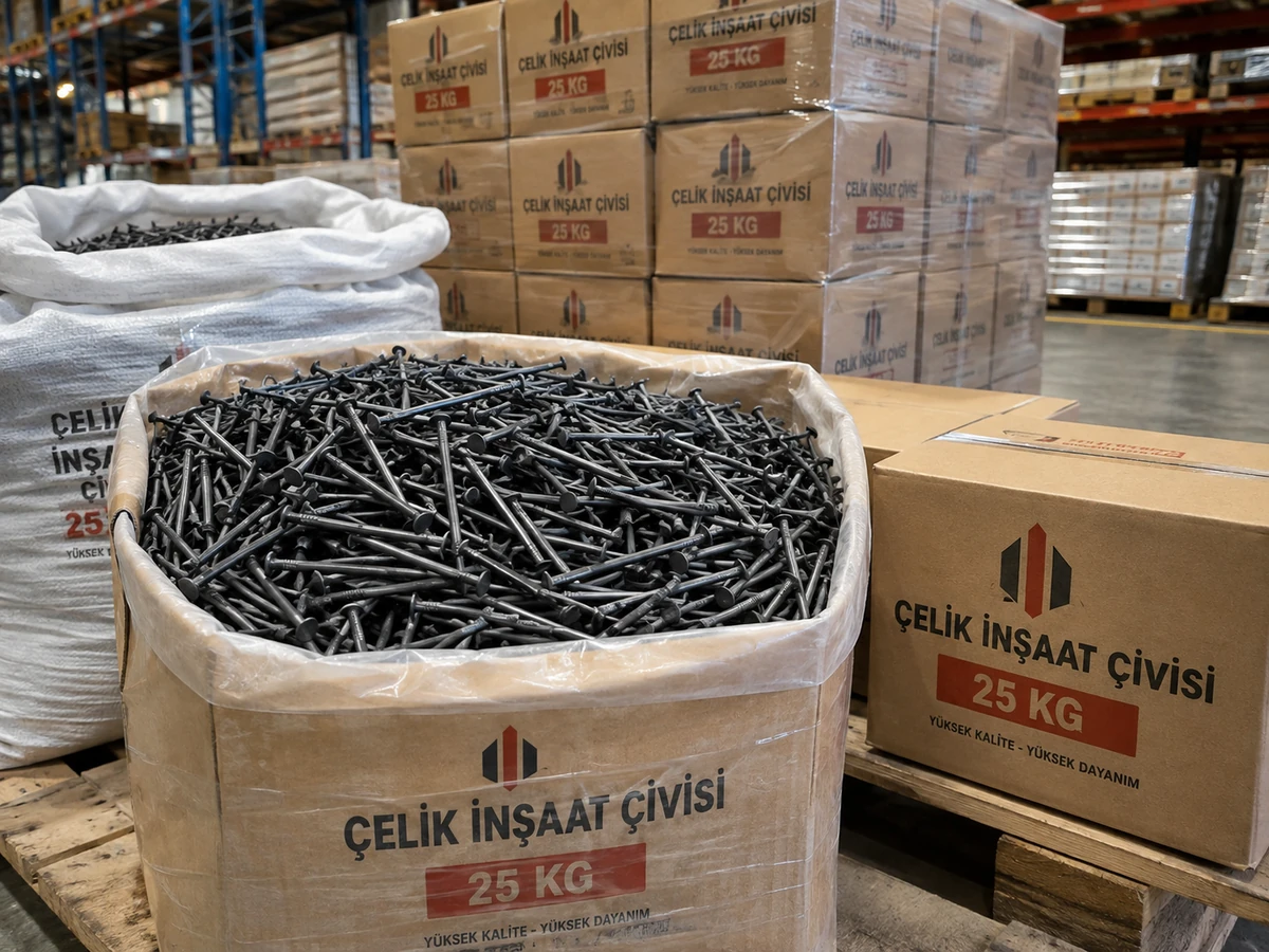 Ankara toptan inşaat çivisi 25 kg koli, palet ve depo stok görünümü