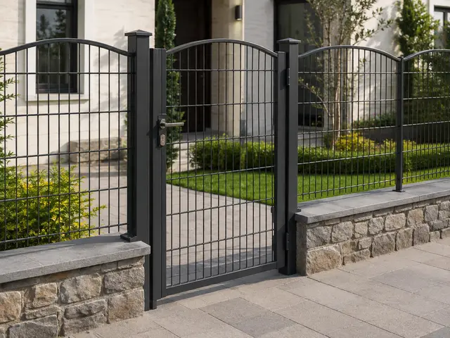 Dekoratif panel çitle aynı formda tek kanatlı bahçe kapısı.