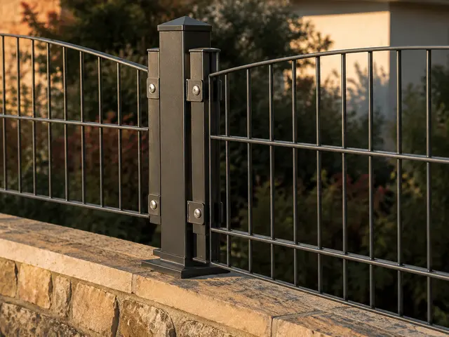 Dekoratif panel çitte kare direk, metal kapak ve bağlantı uygulaması.