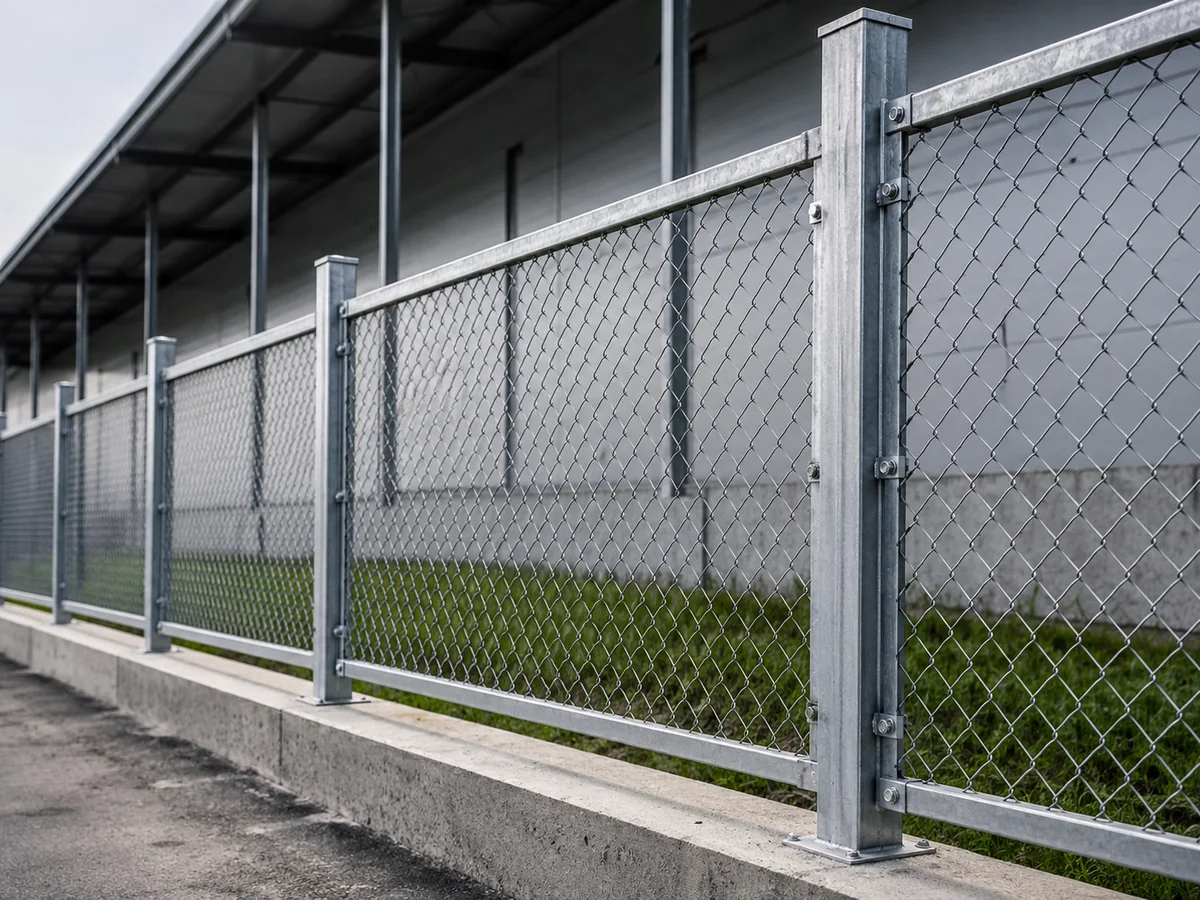 Galvanizli kare profil metal direklerle kurulmuş endüstriyel tel örgü çevre hattı