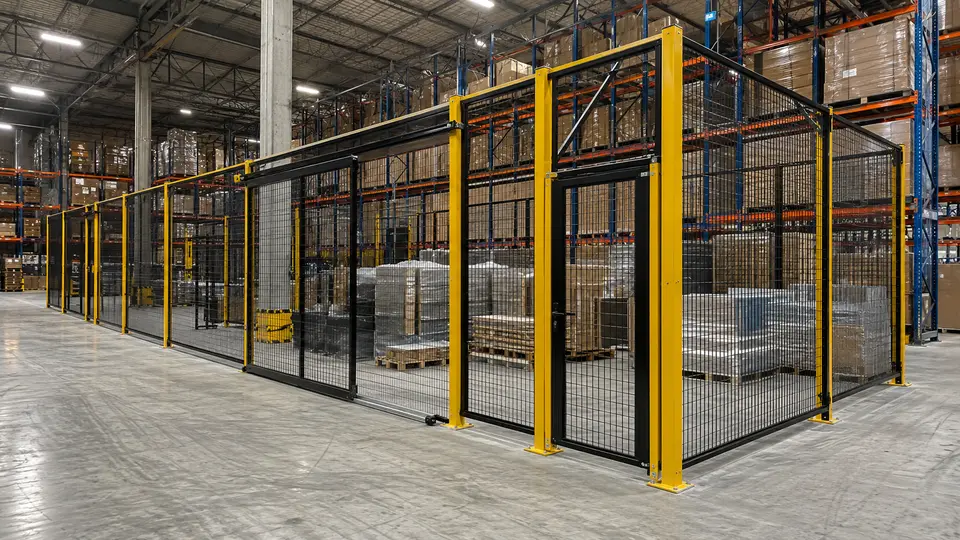 Fabrika ve lojistik depoda raf sistemleriyle uyumlu tel separatör, güvenlik kafesi ve kontrollü geçiş kapısı