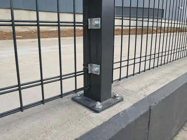 Double panel çitte direk, metal kelepçe, taban plakası ve beton ankraj uygulaması.