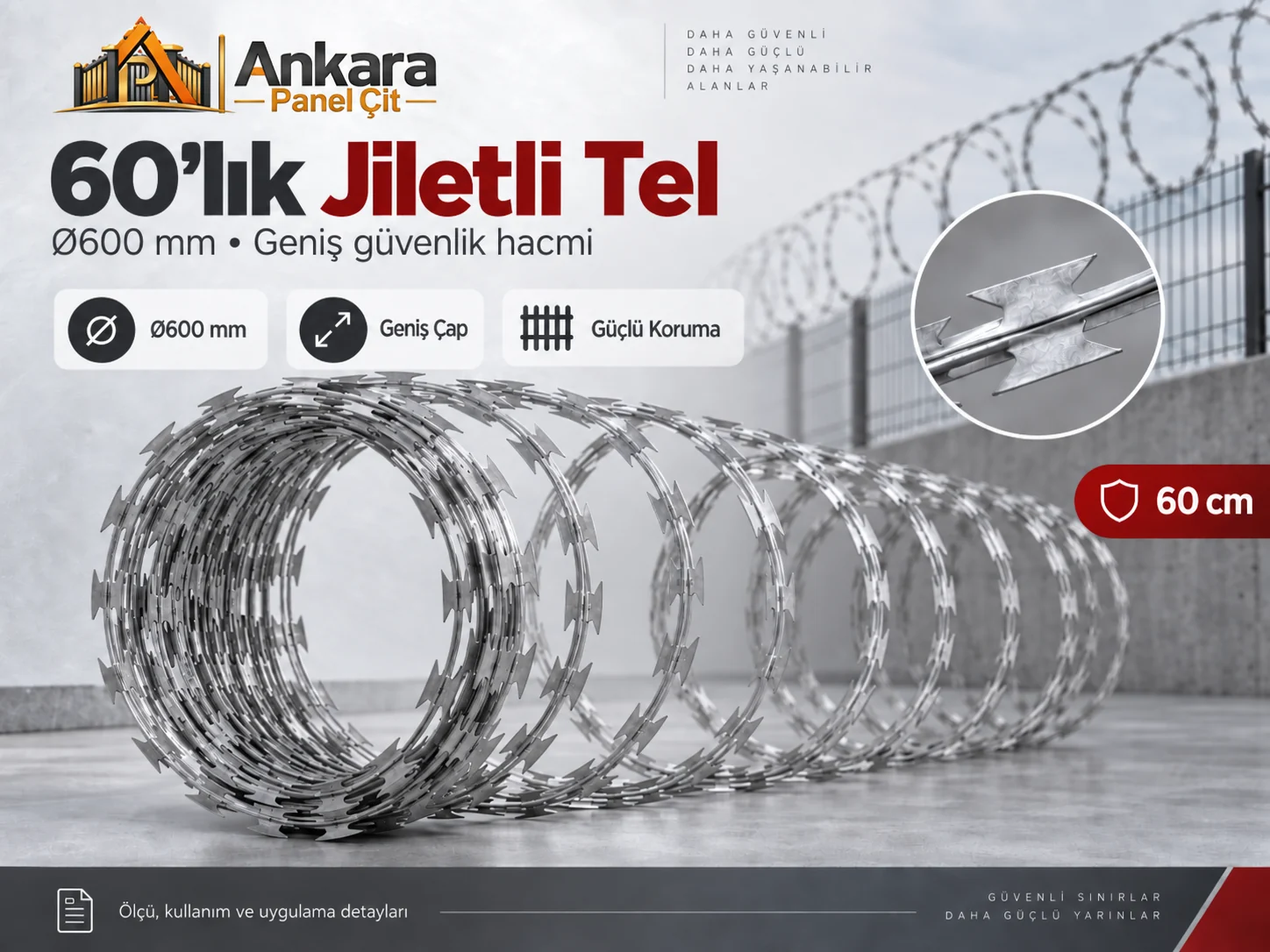 60'lık jiletli tel Q60 Ø600 mm güçlü çevre güvenliği