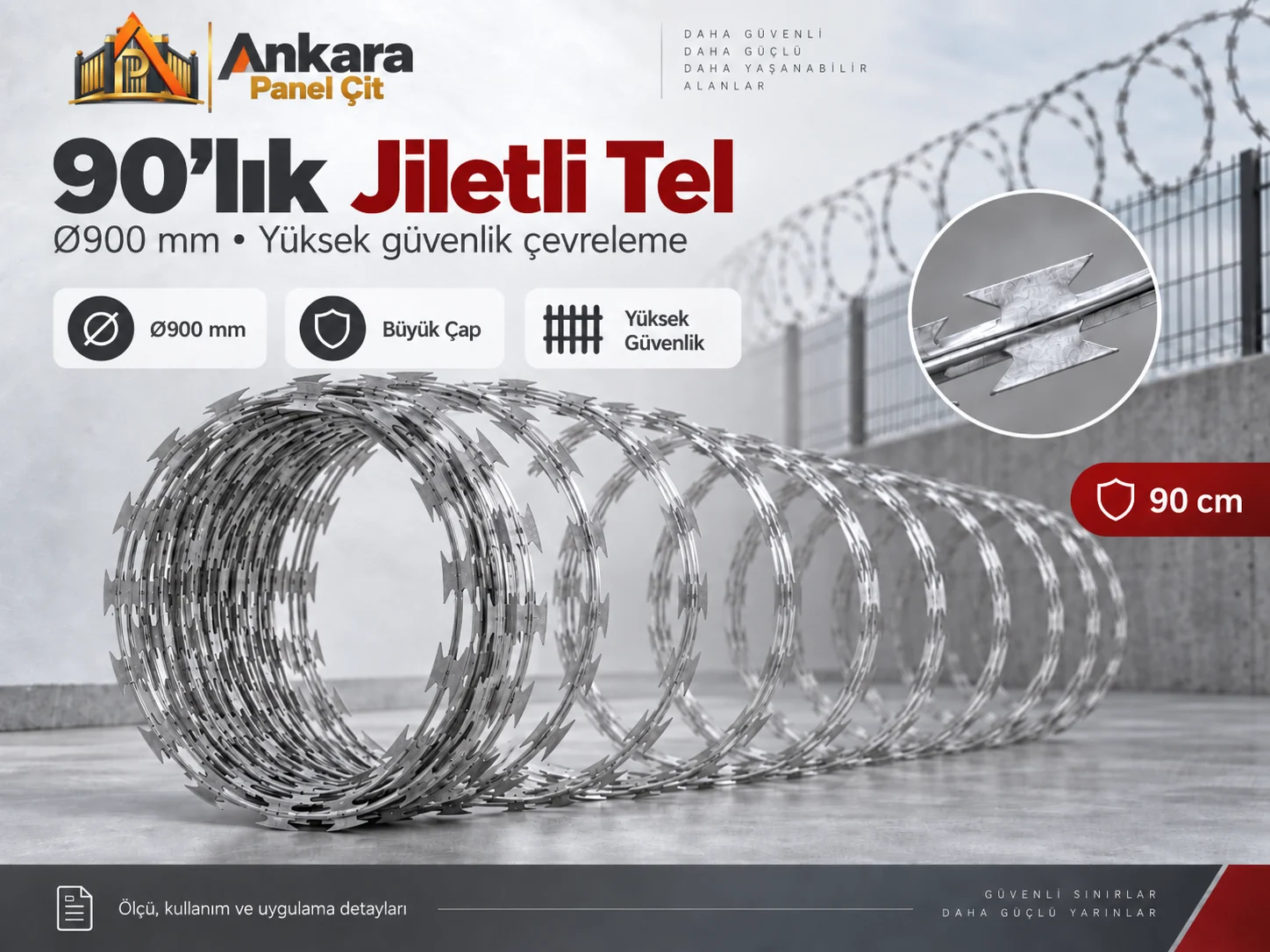 90'lık jiletli tel Q90 Ø900 mm yüksek güvenlik çevreleme
