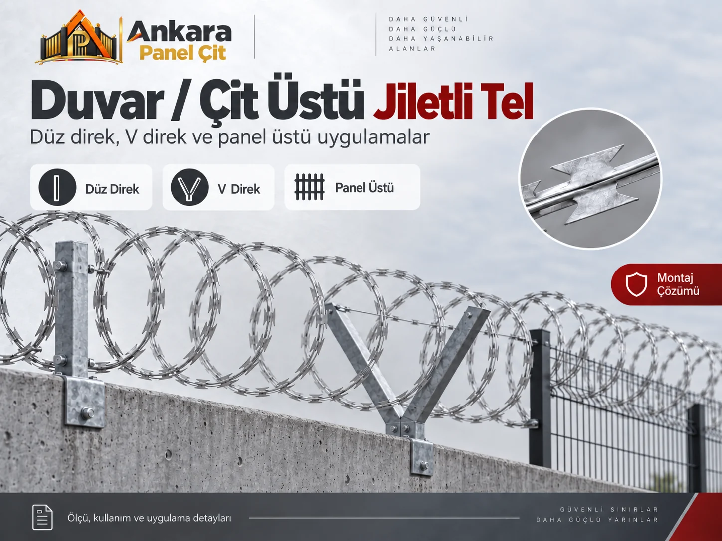 Duvar ve çit üstü jiletli tel düz direk V direk panel üstü montaj çözümü
