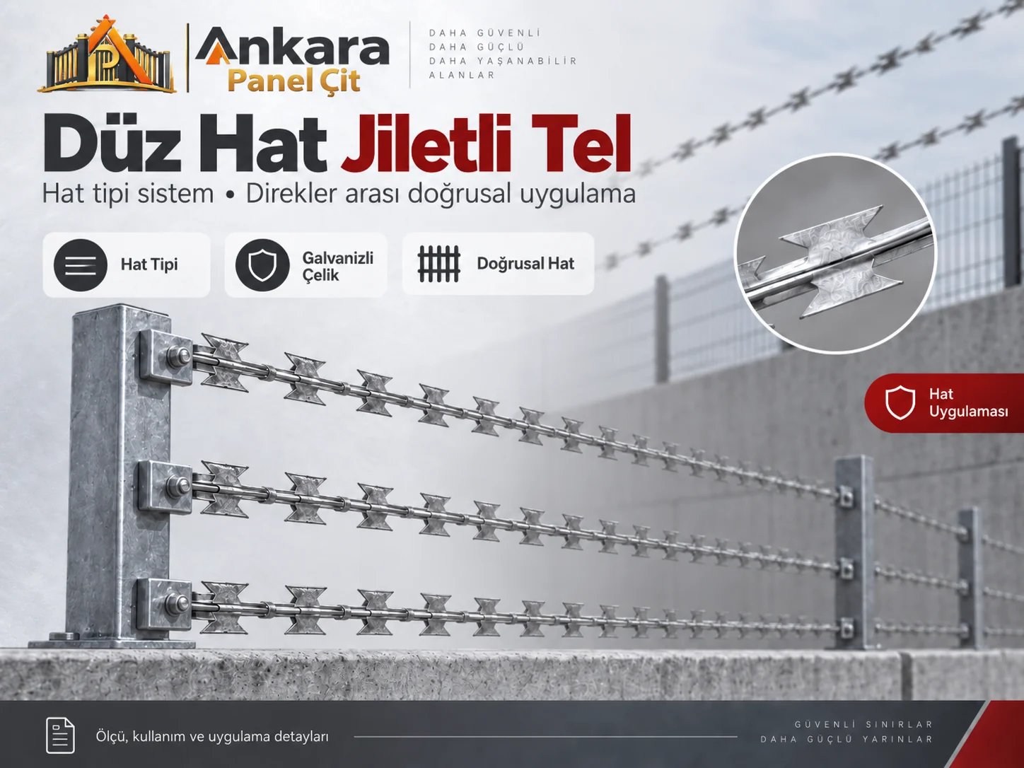 Düz hat jiletli tel direkler arası doğrusal güvenlik sistemi