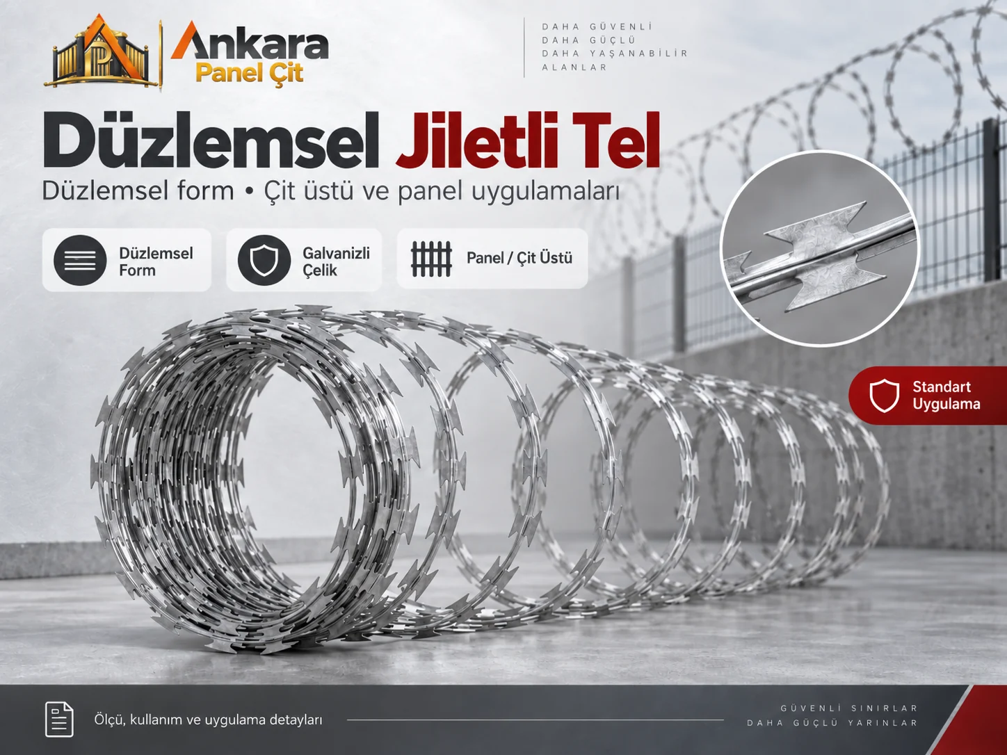 Düzlemsel jiletli tel panel ve çit üstü kompakt güvenlik uygulaması