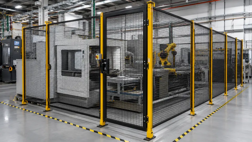 Otomasyon ve robot üretim hücresinde sarı direkli siyah makine güvenlik çiti ve kilitli erişim kapısı
