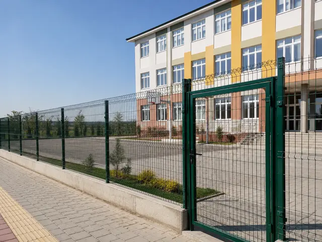 Sivri uçsuz güvenli panel, kontrollü kapı ve gözetim görüşü odaklı okul çevrelemesi.