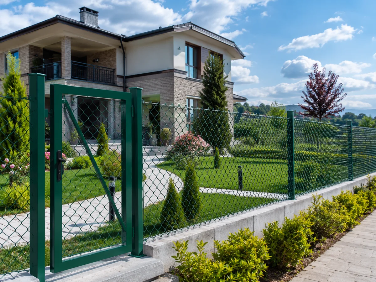 Ankara modern villa bahçesinde PVC kaplı yeşil bahçe teli, yaya kapısı ve peyzaj çevreleme uygulaması