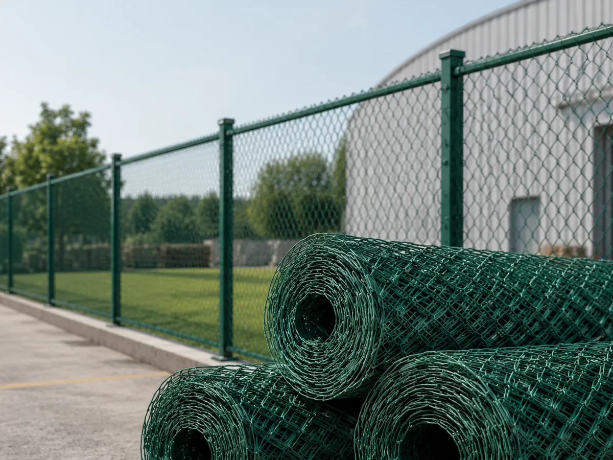 Ankara PVC kaplı örgü tel ruloları, yeşil plastik kaplı tel örgü ve üretim stok görünümü