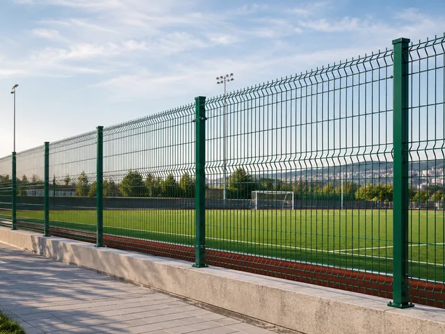 Okul ve spor alanlarında yüksek çevreleme için PVC kaplı örgü tel sistemi.
