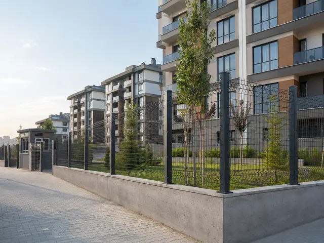 Toplu konut çevresi, güvenlik kulübesi, yaya ve araç girişleriyle birlikte planlanan site çiti.