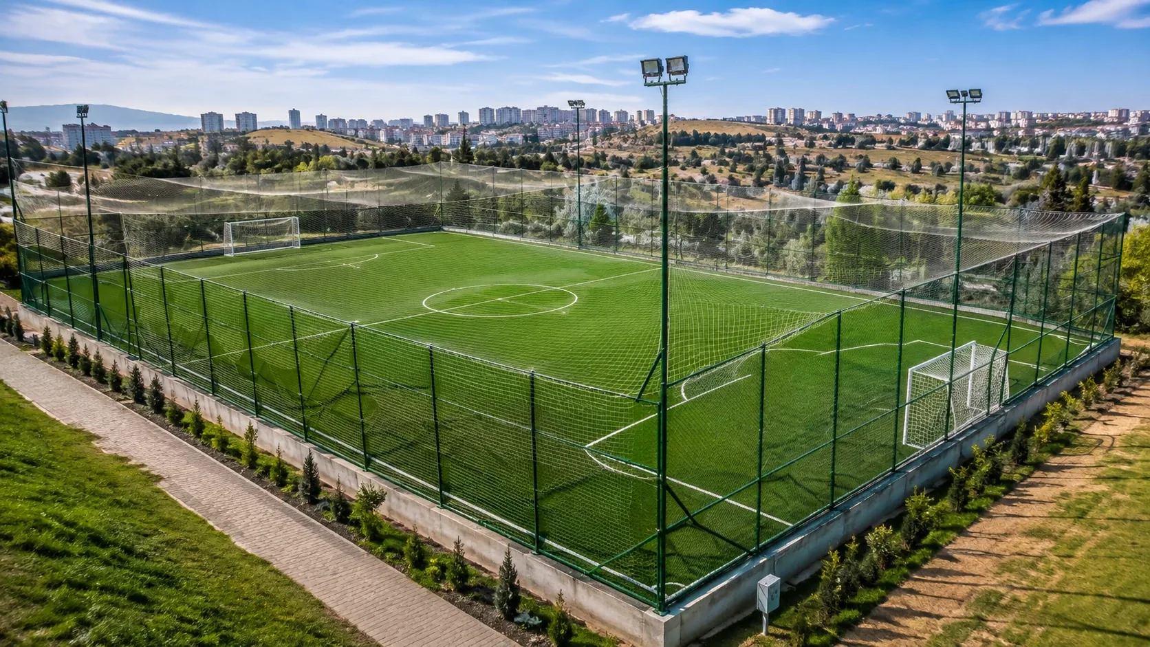 Ankara açık halı saha için sentetik spor zemini, saha çizgileri ve yüksek çevre çiti görünümü