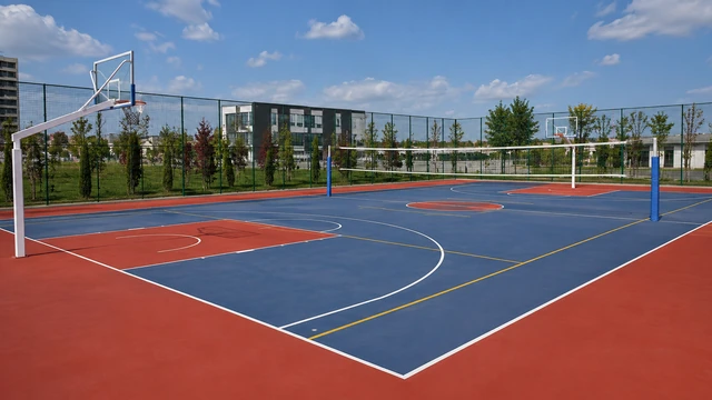 Basketbol ve voleybol çizgileri, pota ve file sistemi bulunan kombine saha — temsili uygulama görseli Ankara kombine spor sahasında farklı oyun alanları, spor zemini ve çevre çiti görünümü