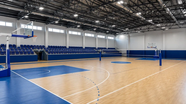 Kapalı çok amaçlı spor salonu, spor zemini ve aydınlatma — temsili uygulama görseli Kapalı çok amaçlı spor salonu projelerinde zemin ve saha altyapısını temsil eden spor alanı görünümü
