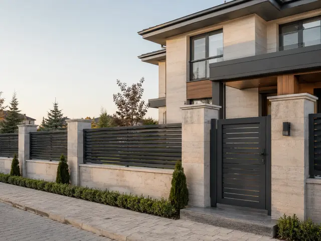 Villa ön, yan ve arka cephelerinde güvenlik, mahremiyet ve mimari uyumu birlikte planlayan çevreleme.